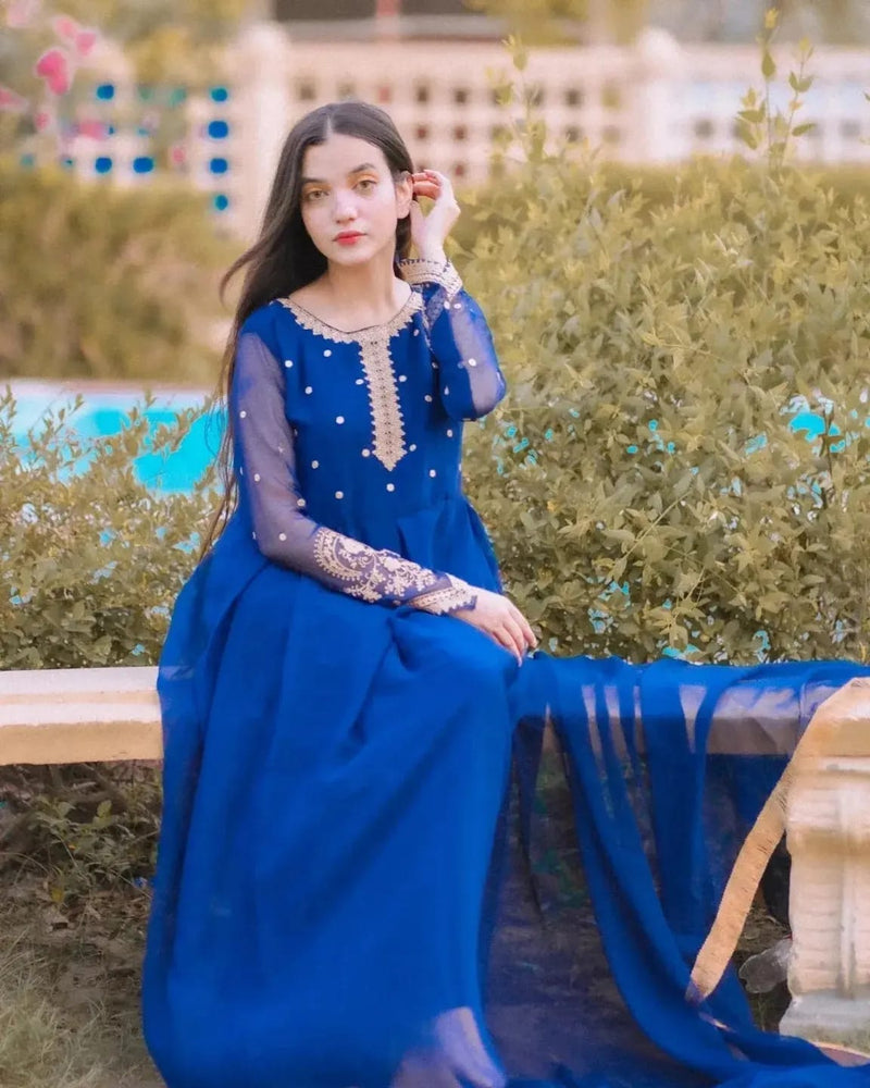 Blue Embroidery 3 Piece Suit