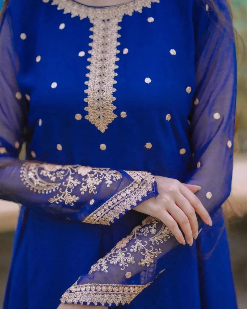 Blue Embroidery 3 Piece Suit