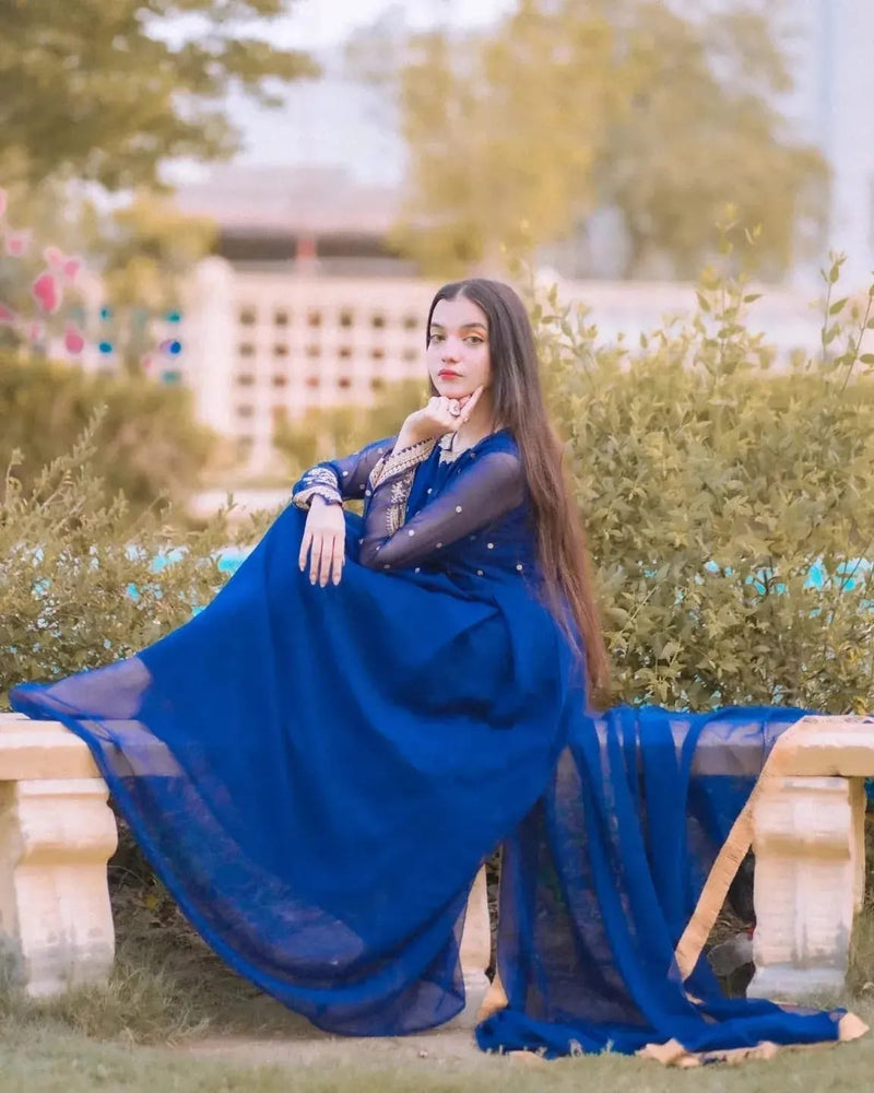 Blue Embroidery 3 Piece Suit