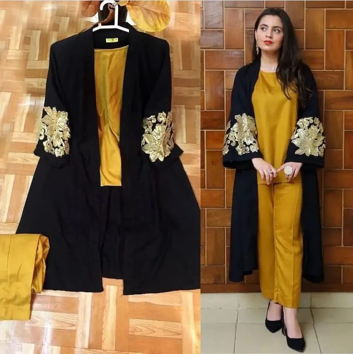 Sleeves Embroidery Yellow 3 Pcs Suit , Women Embroidery Suit , Women Fashion 3 Pcs